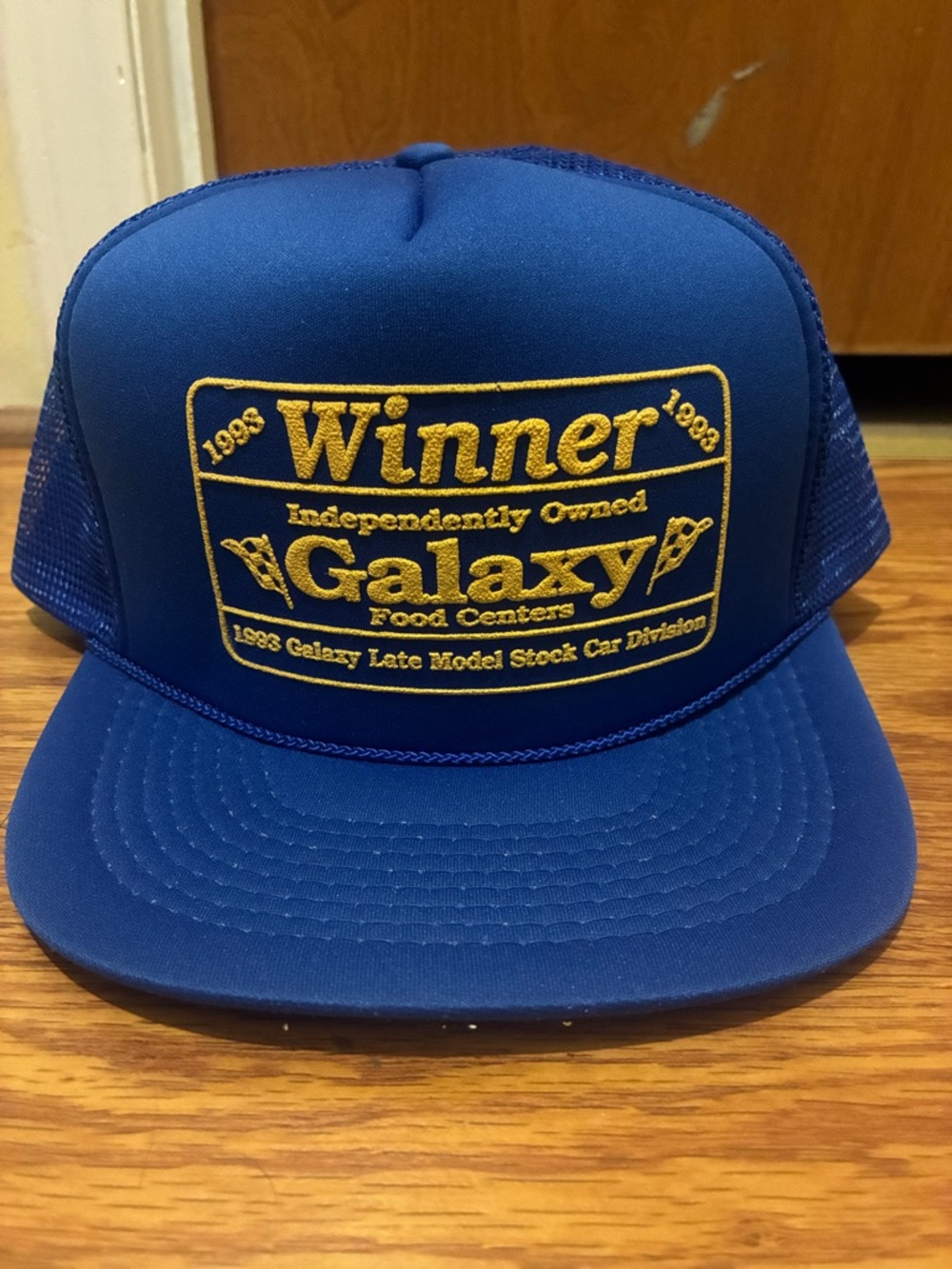 Vintage 1993 Galaxy Blue Trucker Hat with Yellow Embroidered Logo